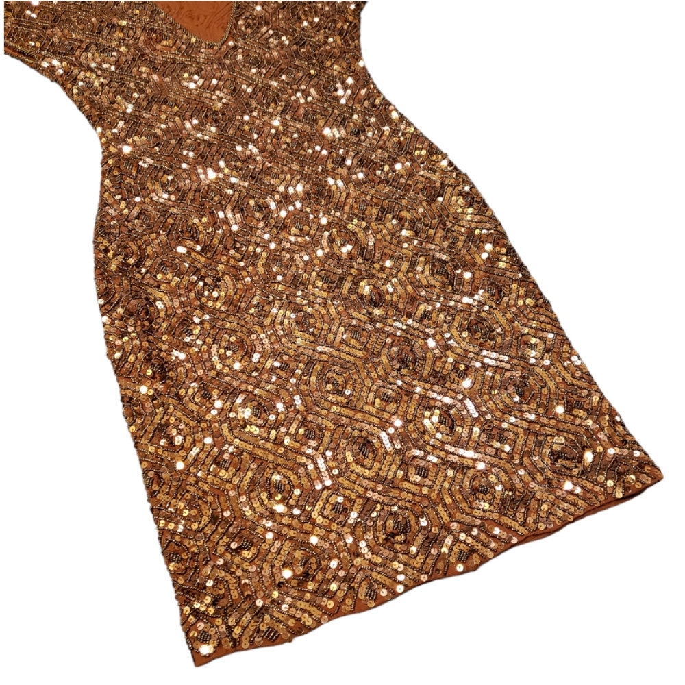 Carmen Marc Valvo Vintage Copper Sequin Sheath Dress - Picture 7 of 9